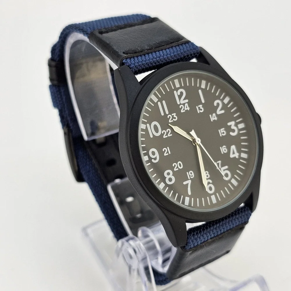 Men's‎ Field Military Watch 42MM Black Dial Dark Blue Nylon Bands New Battery